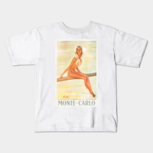 Vintage Travel Poster Monte Carlo Blonde Girl Kids T-Shirt